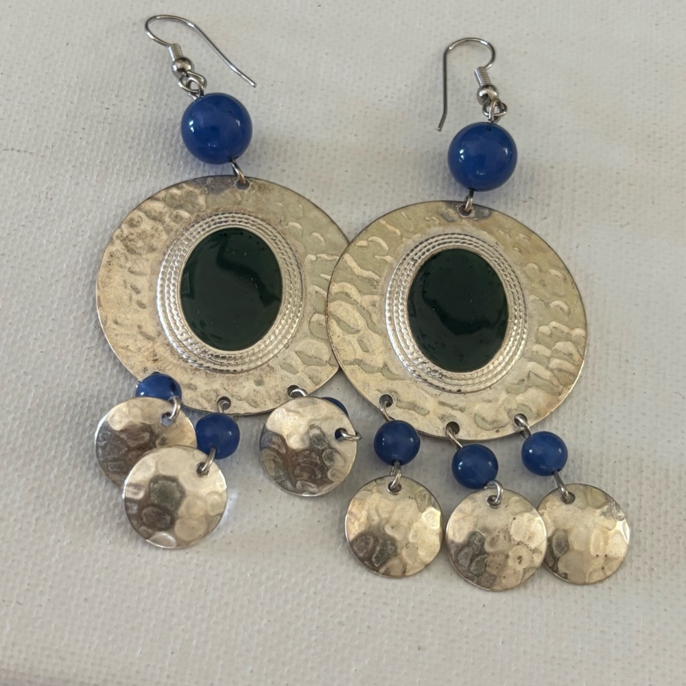 Hammered Silver Shield Dangle Earrings w Lapis